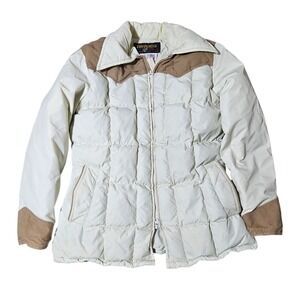 VTG Tempco Western Goose Down Puffer Jacke Leather Yoke Womens 16 L USA Made 70s